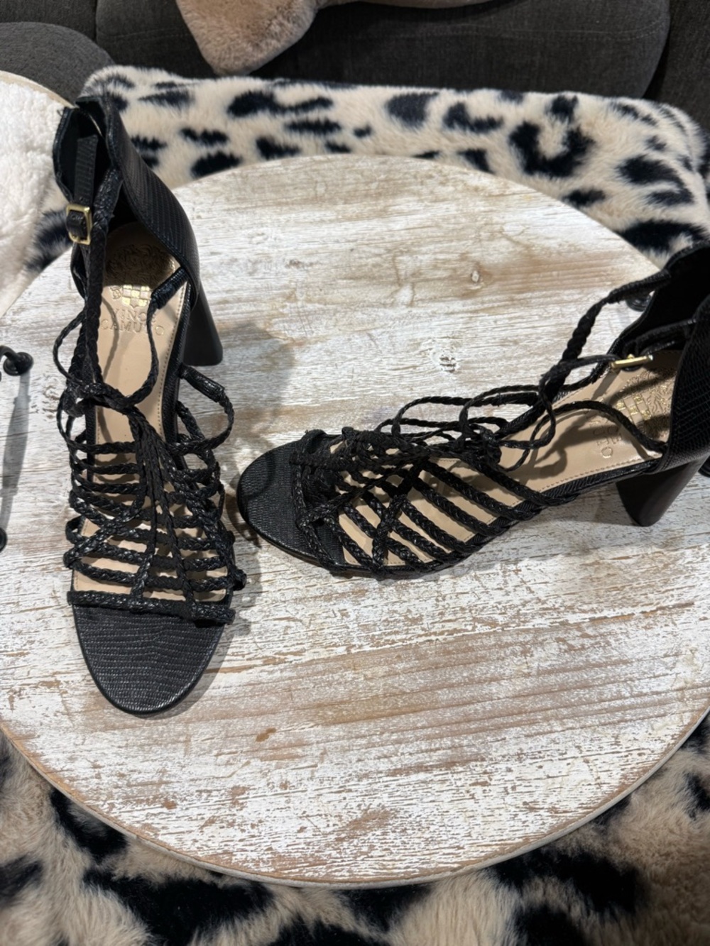 Vince Camuto Black Braided Lace-Up Block Heel Sandals